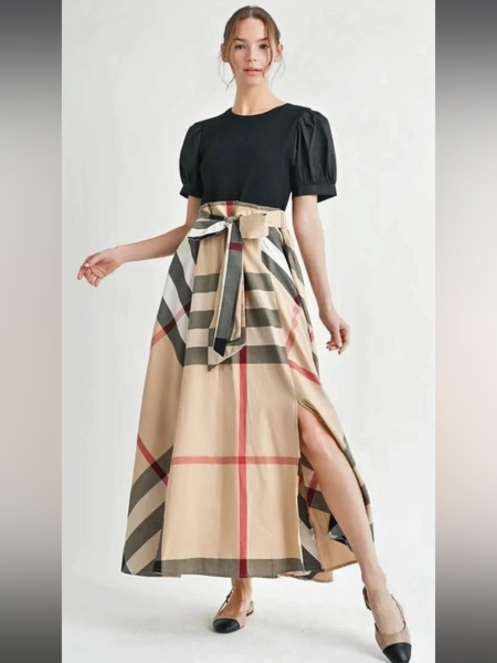JODIFL  Short Puffy Sleeve Self Tie Belt  Classic Checker Print Dress.